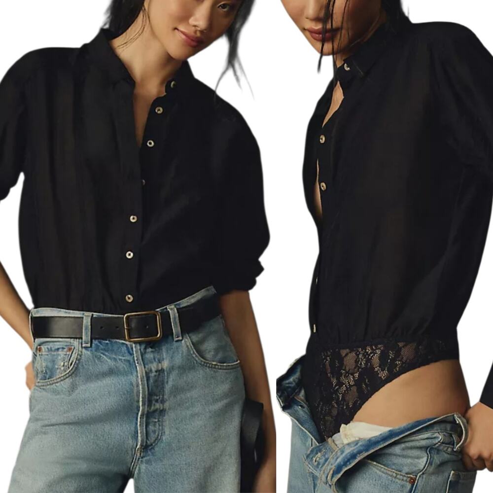 Pilcro Buttondown Blouse Bodysuit Semi Sheer Lace Bottom Black Relaxed MEDIUM